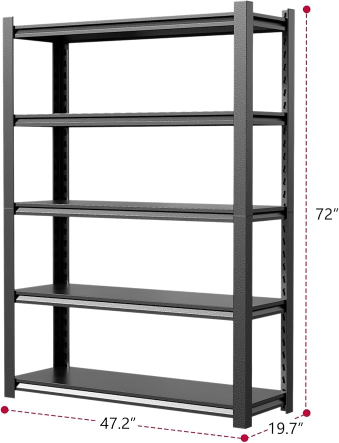 48" W Storage Shelves 2500LBS Garage Shelving Heavy Duty 5 Tier Adjustable Shelving Unit Metal Storage Rack for Basement, Pantry, Kitchen, Warehouse 19.7" D x 47.2" W x 72" H