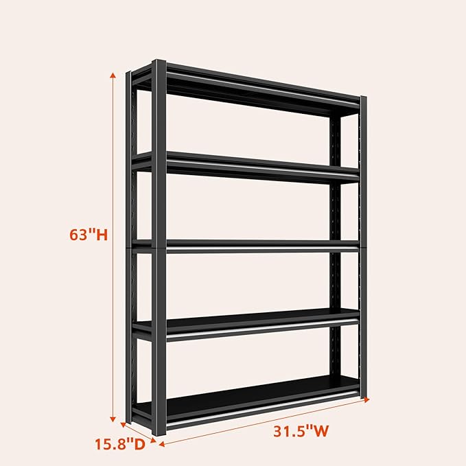 63" H/32” W Garage Shelving, Heavy Duty 5 Tire Adjustable Storage Unit, 3000LBS Metal Garage Shelves, Easy Assembly Shelf for Industrial, Warehouse, Basement (16" D x 32" W x 63" H)