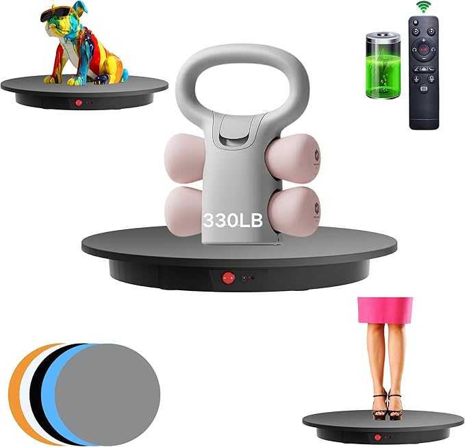 JAYEGT Motorized Rotating Display Stand ,330 Lbs Load ，360 Degree Electric Rotating Photography Turntable For Products Display，Video Show, Outdoor Show，Remote Control+5 Colors Backgrounds(Black / 16.5inch / Rechargeable)