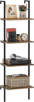 Ladder Shelf 4 Tiers Metal Industrial Bookshelf,Brown Wood Tall Open Storage Rack and Display Shelves,Wall Mount Wide Book Case for Home Office Bedroom,Small