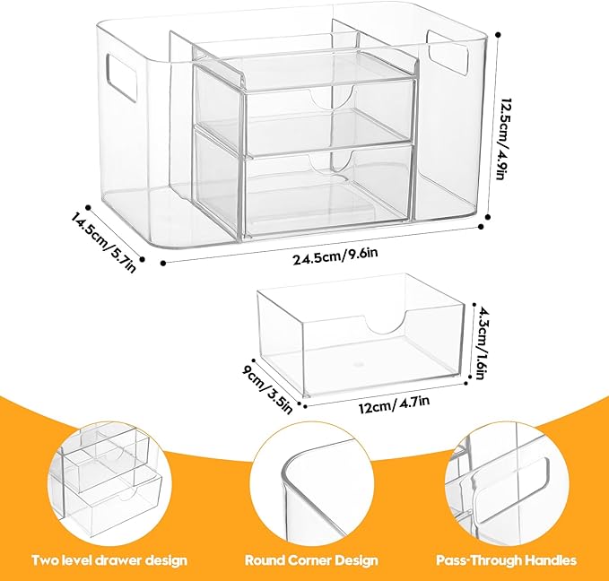 Acrylic Makeup Organizer for Countertop – 2 Drawers & 3 Compartments, Clear Storage Bin. Multi-use for Skincare, Cosmetics, Jewelry & Small Accessories, fits Vanity, Bathroom, Office, Craft