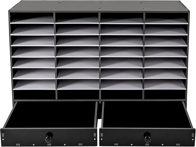 Literature Organizer 32 Slots Office Mailbox Cubbies PVC Desk Mail Sorter Organizer with Adjustable Panels & 2 Drawers for Office, Home, Classroom, Mailrooms, Bearing 110lbs (Black)