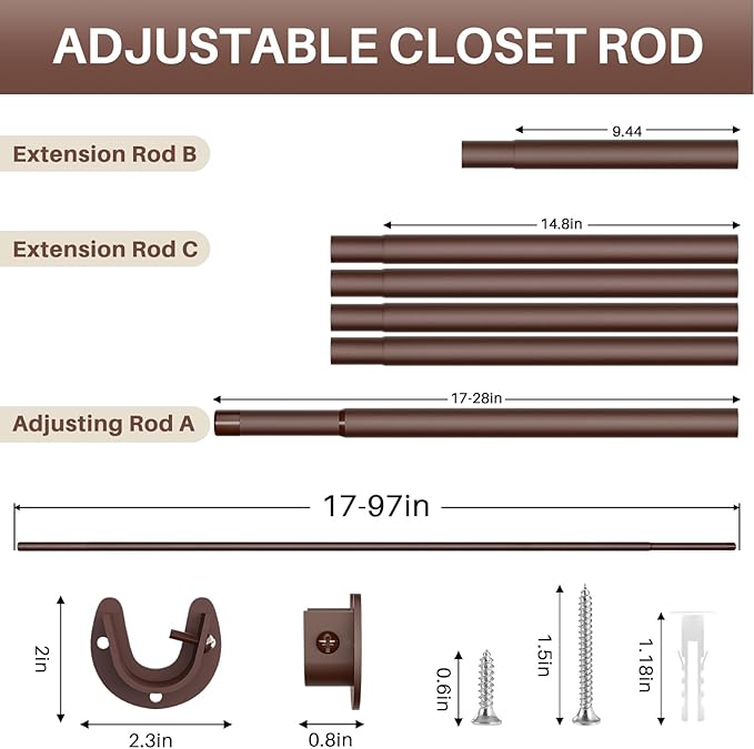 Closet Rod - Closet Rods for Hanging Clothes, 17 to 97 inch Adjustable Closet Hanging Rod, Heavy Duty Clothes Rod Clothing Bar, Closet Poles for Hanging Clothes for Wardrobes, Shower Curtain