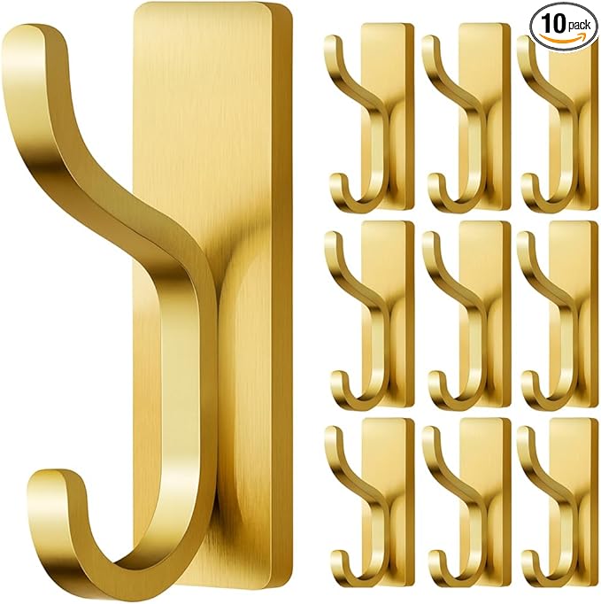 10-Pack Wall Hooks for Hanging Towels - Stainless Steel Adhesive Hook, 13LB Strong Hold, Sticky Hangers for Coats, Bags, Purses, Backpack - Bathroom, Kitchen, Door, Shower, Dorm, RV, Brushed Gold