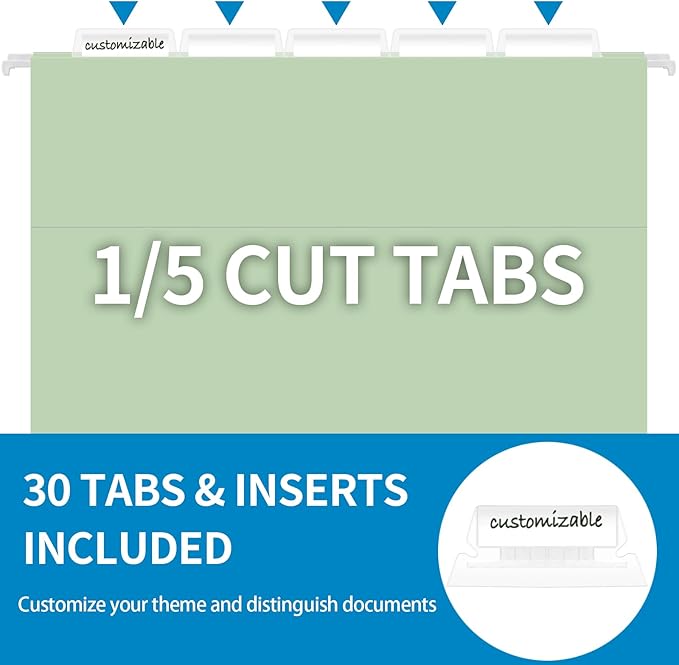 30 Pack Hanging File Folders, Letter Size with 1/5-Cut Adjustable Tabs, Pastel 10 Selected Color - File Folder Organizer for Filing Cabinet Office Home, Designed for Bulky Files, Medical Charts