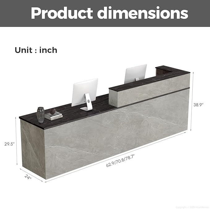 L Shape Reception Desk with Counter, Lockable Drawer, Keyboard Tray, and Double-Layer Storage for Salon, Office, or Clinic (Gray+Black/Left, 79" L*24" W*39" H)