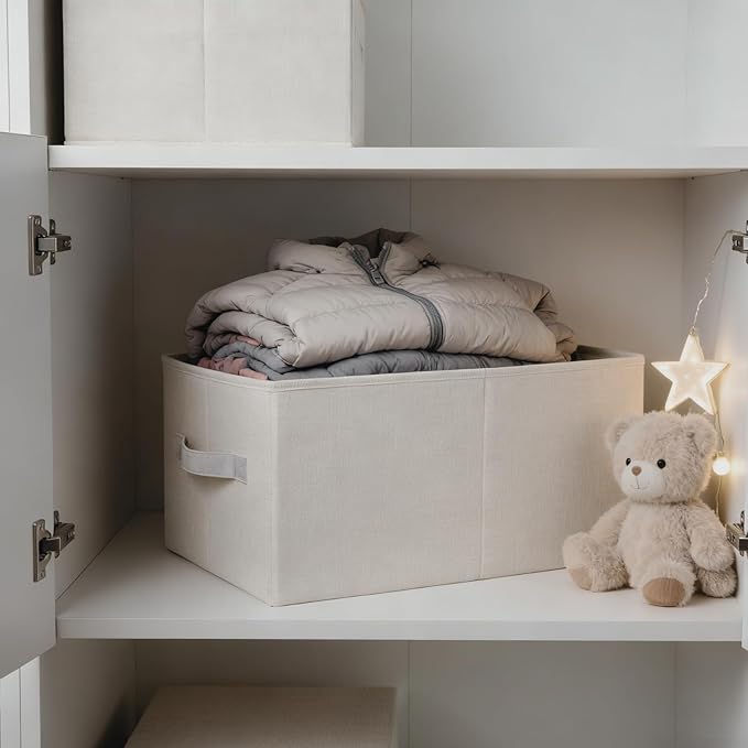 3 Pack Linen Storage Baskets with Handle,Large Foldable Closet Storage Bins for Shelves,Toys,Sheets,Clothes,18"×11"×8",Beige