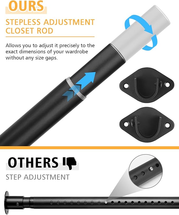 Closet Rod, 17 to 39 Inch Heavy Duty Adjustable Metal Clothing Rack for Hanging Clothes, Closet Poles for Wardrobes, Laundry, Durable Steel, Black