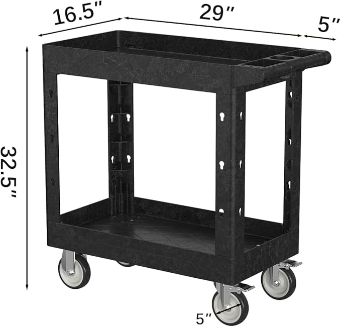 2 Tier Plastic Rolling Utility Cart on Wheels, Heavy Duty Tool Cart with Deep Shelves and 360° Swivel Wheels Holds up to 550 lbs, Service Cart for Garage, Warehouse, Cleaning
