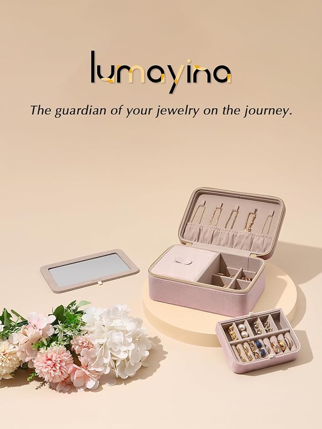 Velvet Travel Jewelry Box with Large Mirror, Double-Layer Jewelry Organizer Case for Women and Girls, Portable Storage Case with 6 Anti-Tarnish Bags Gift Ready for Her (Blush Pink)