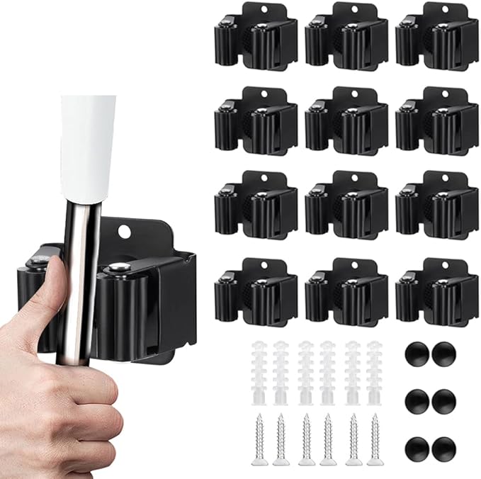 12PCS Broom and Mop Holder, Heavy Duty Garden Tool Organizer Rack Rake and Shovel Handle, Stainless Steel Mop Hanger. Wall Mounted with Screws.Matte Black