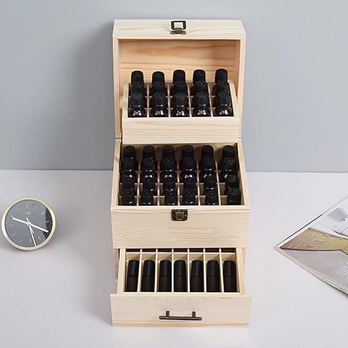 3 Tiers Essential Oil Storage Box, Wooden Perfume Bottle Display Organizer Case w/59 Slots, for 15 ml Bottles Nail Polish Collection Holder