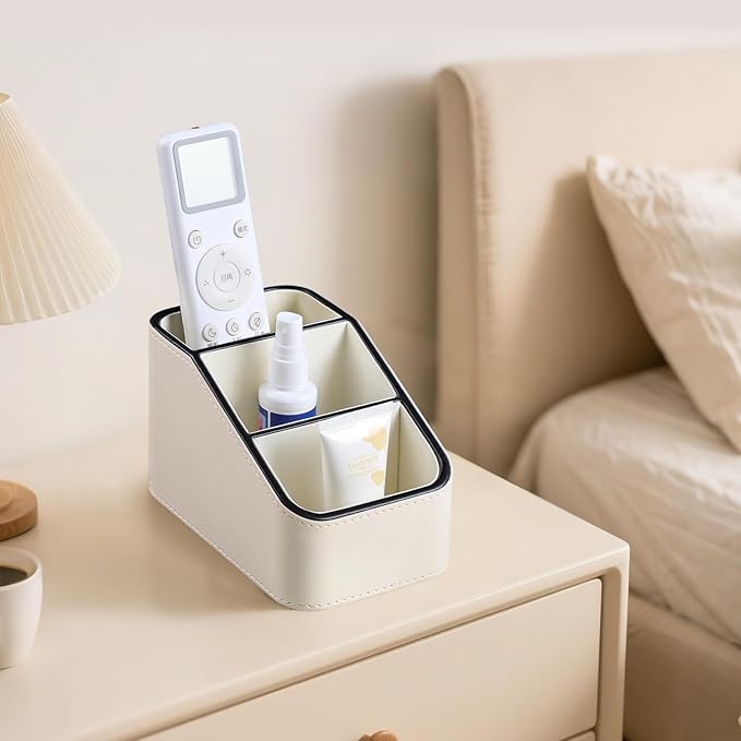 PU Leather Remote Control Holder, Small Desk Organizer Office Supply Bedside Caddy for Nightstand End Table Couch, Pen Remote Organizer with 3 Compartments (Cream)