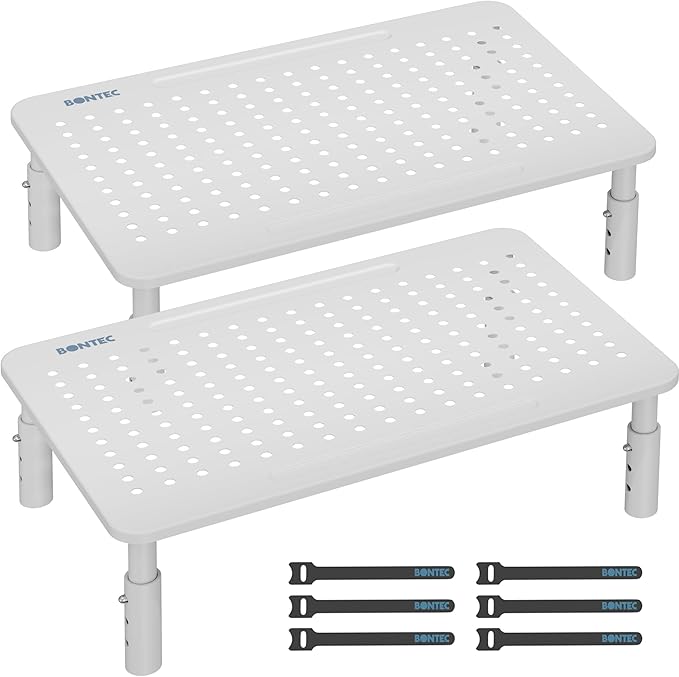 BONTEC 2 Pack 3 Height Adjustable Monitor Stand Riser with Pen Holder, Ergonomic Metal Laptop Stand with Cable Management, Desktop Stand for Computer, Printer, Monitor, Laptop (White, 14.5” x 9.1”)