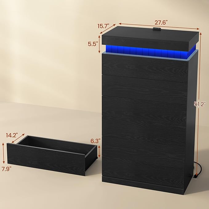 Tall Black 6 Dresser for Bedroom, Sliding Top Storage Space, Modern Wood Drawers with LED Light and Power Outlet, Large Chest of Drawer for Living Room, Hallway, Entryway (6 Drawers,Black)