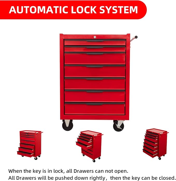 7-Drawer Rolling Tool Chest Cabinet, Large Capacity Metal Tool Box with Wheels and Cylinder Locking, Roll Around Storage Organizer Tool Cart for Garage, Warehouse, Work Shop - Red