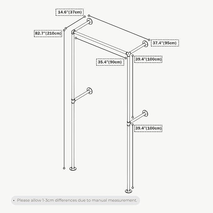 Industrial Pipe Clothing Rack, Heavy Duty Wall Mounted Clothes Rack, Retail Display Hanging Garment Rod for Laundry Rooms, Closet Storage, 14.6x37.4x82.7 Inches, Model K05