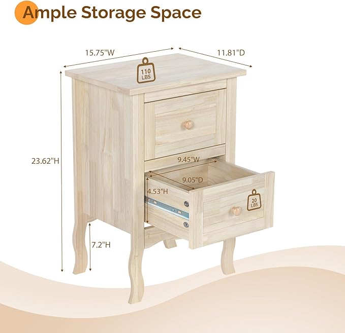 VINGLI Nightstands Set of 2, Unfinished Solid Wood Nightstand Color DIY, Small Nightstand for Bedroom, Natural Wood Night Stand with Drawers, Light Wood Night Stands, Real Wooden Bedside Table