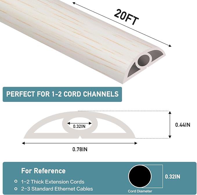 Floor Cord Cover Self Adhesive Cord Hider Floor Extension Cord Covers for Floor Power Cord Protector Cable Management Prevent Cable Trips Cable Cavity 0.32" W x 0.32" H (Beige Wood, 20Ft)