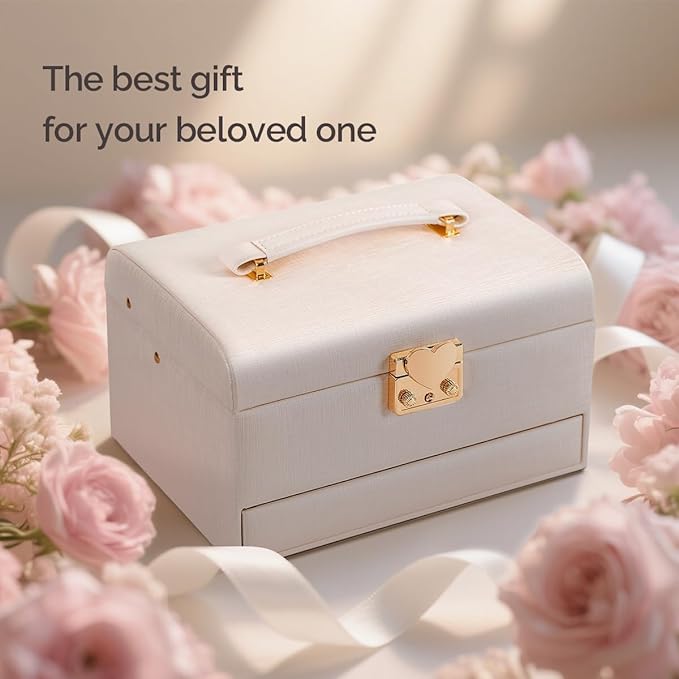 CASEGRACE Jewelry Box,3 Layers Leather Jewelry Storage Box with Lock, Mirror,Jewelry Storage Case for Necklaces Earrings Bracelets and Rings