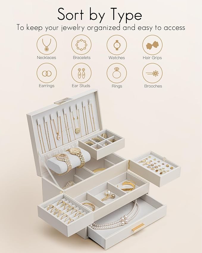 Vlando 3 Layer Jewelry Box - Women Jewelry Box with Retractable Tray - Jewelry Organizers with Drawer for Necklaces, Rings, Bracelets, Earrings, Gift for Couples Mom Girls - Could White