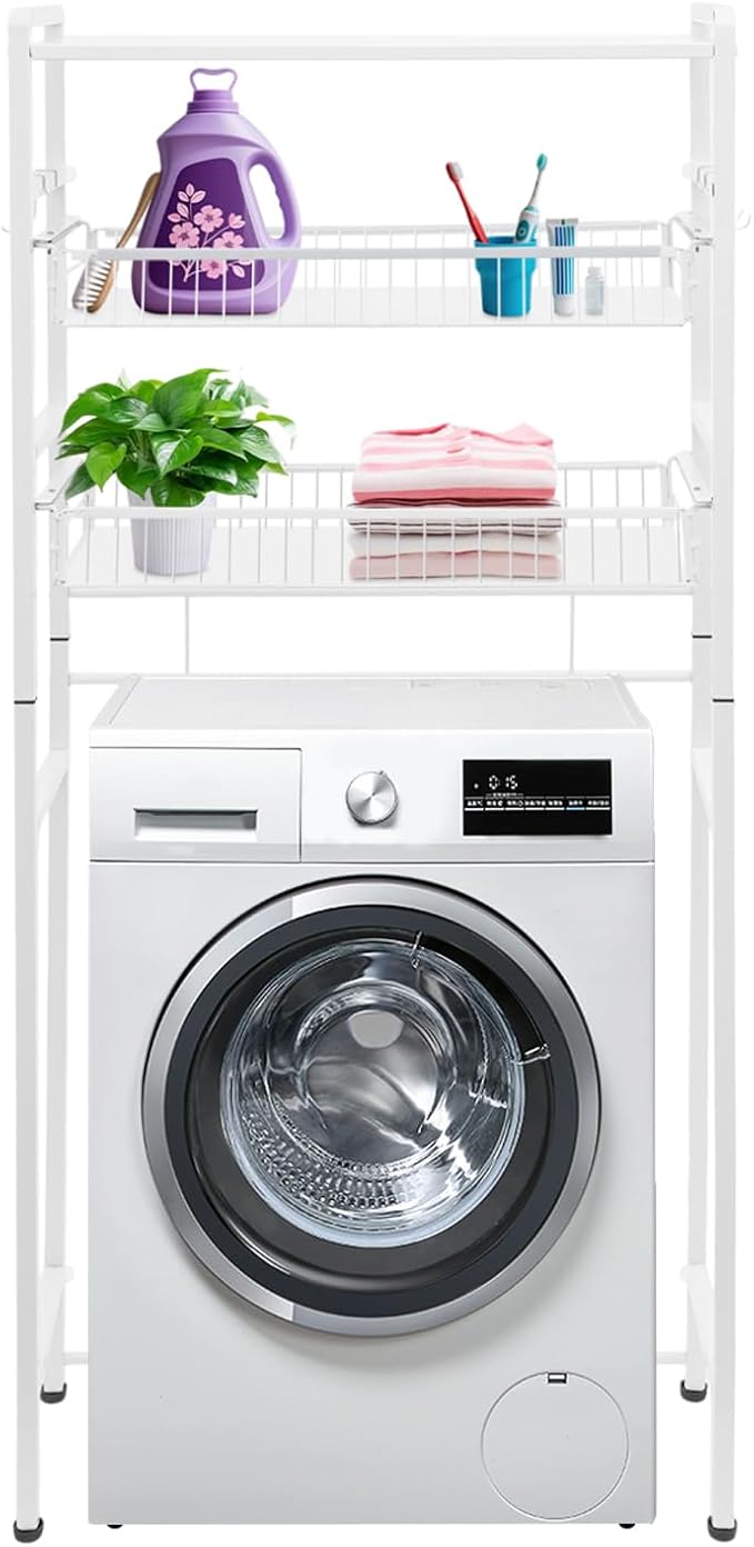 Over Washer and Dryer Storage Shelves, 3-Tier Washing Machine Organizer Rack with Height Adjustable Shelf for Laundry Room Bathroom Garage, W27.8*D10.2*H62in, White