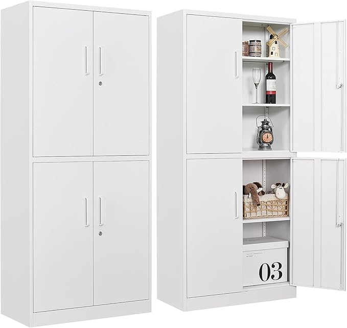 Metal Storage Cabinet with 3 Adjustable Shelves,White Storage Cabinet with Lock,71" Lockable Metal Cabinets with Locking Doors,Tall Steel Pantry Cabinets 4 Door for Home,Office,Garage,Bathroom,Kitchen