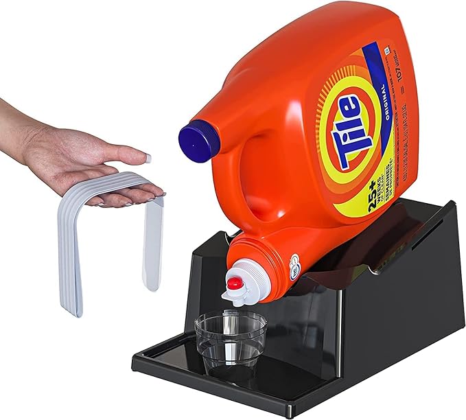 TidyFriend Liquid Laundry Detergent Holder Stand with Drip Tray & Rubber-Grip Feet, Stand for Laundry Room Organization and Storage, Fabric Softener Dispenser with Cup Holder for Easy Pouring (Black)