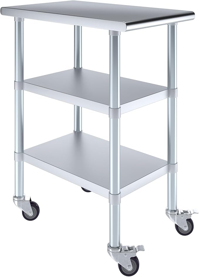 AmGood Stainless Steel Work Table with 2 Shelves and Casters | Metal Utility Table On Wheels (Stainless Steel Work Table with 2 Shelves + Casters, 18" Long x 30" Deep)