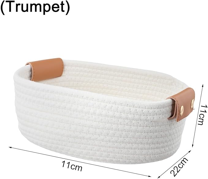Portable Woven Cotton Rope Storage Bin with Leather Handles Desktop Storage Box Bedroom Storage Container for Toy and Small Items Storage Solution(White S)