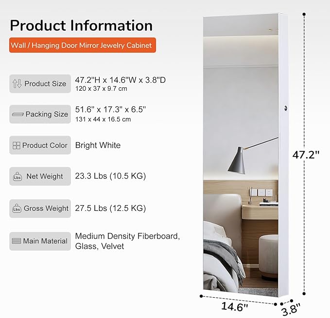 GISSAR Full Length Mirror Jewelry Cabinet, 6 LEDs Jewelry Armoire Wall Mounted Over The Door Hanging, Jewelry Organizer Storage with Lights Lockable, Bright White, 14.6" x 47.2"