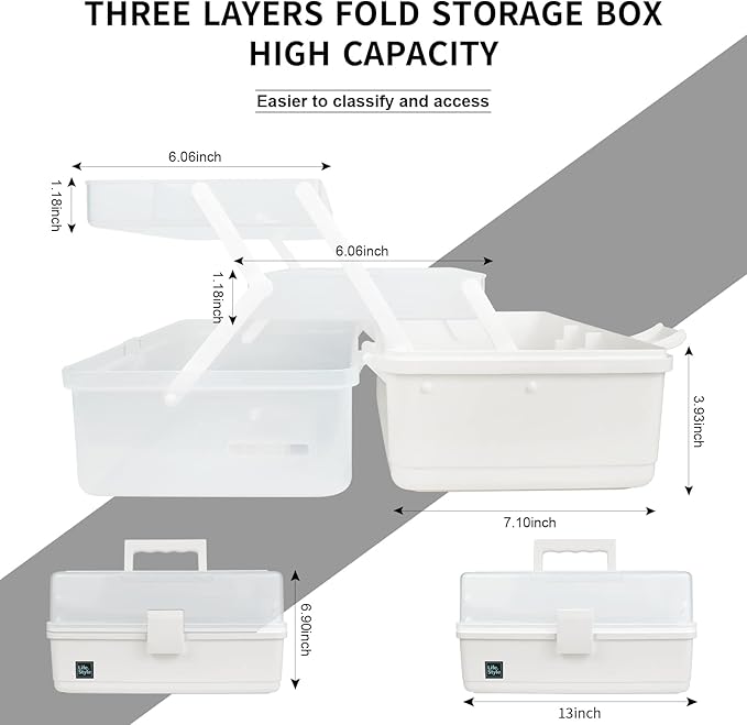 Creahaus 13 inch Art Craft Organizer Storage Box with 3 Layer, Multipurpose Plastic Tool Box with Handle for Sewing, Art Supply, Medicine, Nail, Hair Accessories (White)