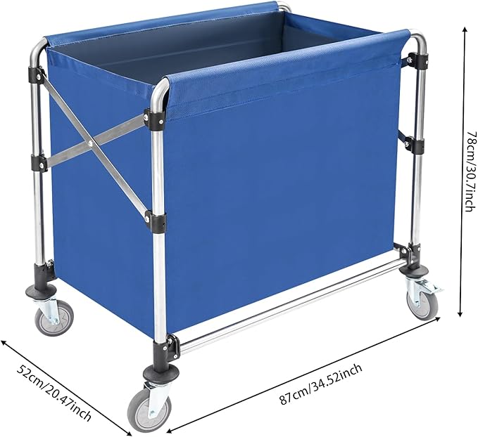 Commercial Laundry Cart with Wheels,Folding Laundry Hamper Cart,Heavy Duty Rolling Basket with Large Capacity, Sorter Trolley for Home Hotel Apartment (Blue, 34.25 * 20.47 * 30.7in)