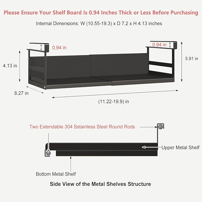 Expandable Under Cabinet Shelf Organizer with 0.94-Inch Thick Clips, Heavy Duty Extendable Under Shelf Storage Basket for Pantry or Laundry Room, Black, 2 Pack, Interior: 4.13" H x 7.2" D