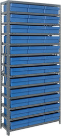 Quantum Storage Systems 1275-801BL Solid Heavy Duty 13 Shelves 36 Super Tuff Euro Blue Bins 75" H x 36" W x 12" D