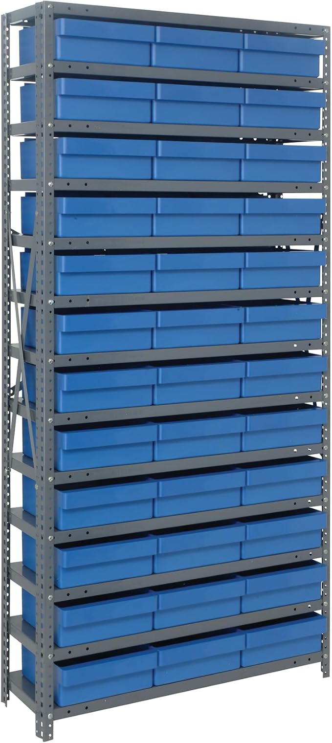 Quantum Storage Systems 1275-801BL Solid Heavy Duty 13 Shelves 36 Super Tuff Euro Blue Bins 75" H x 36" W x 12" D
