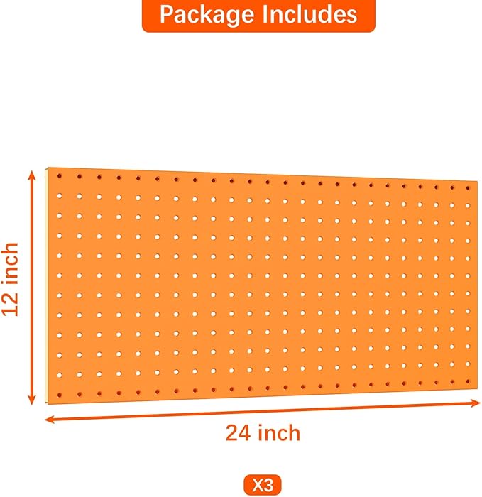 TORACK 3 PCS Metal Pegboard Panels(12x24 inch) for Wall Garage Tools Storage Pegboard for Workbench, Modular Peg Board Tool Organizer Board Kit(Pack of 3, Orange)