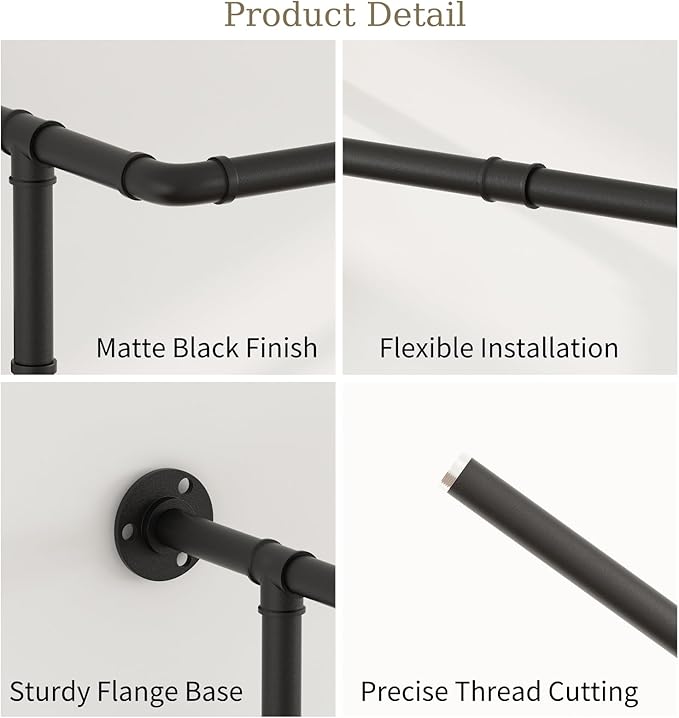 Industrial Pipe Clothes Racks 2 Pack, Black Pipe Wall Mounted Clothing Racks for Hanging Clothes, Space Saving Closet Hanging Rod for Laundry Room, Bedroom