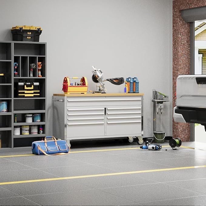 61 Inch Large Tool Chest with Lock - Tool Chest Workbench with 9 Drawers,4 Wheels(2 Can Be Braked),for Garage, Workshop, Warehouse Repair,Sliver