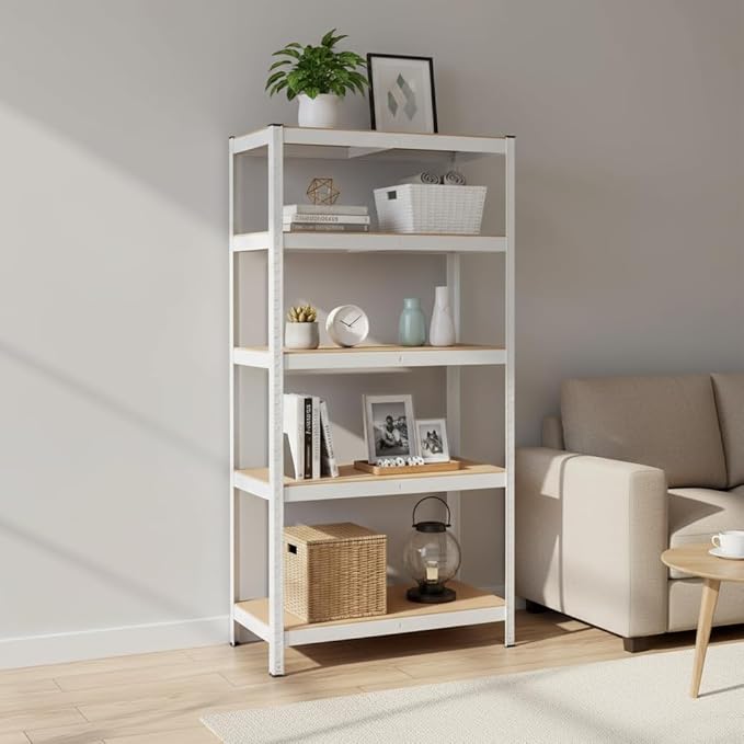 Weallux 5-Tier Metal Storage Shelf, White Steel Frame with Wood Shelves, 29.5 x 12 x 59 Inches, Adjustable Heavy Duty Utility Rack for Garage, Kitchen, Pantry