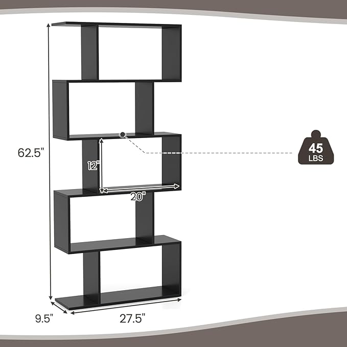 5-Tier Geometric Bookcase, 62.5” Freestanding Room Divider Bookshelf with Open Display Shelves & Anti-tip Device, Wood S-Shaped Storage Organizer for Living Room, Bedroom, Study & Home Office