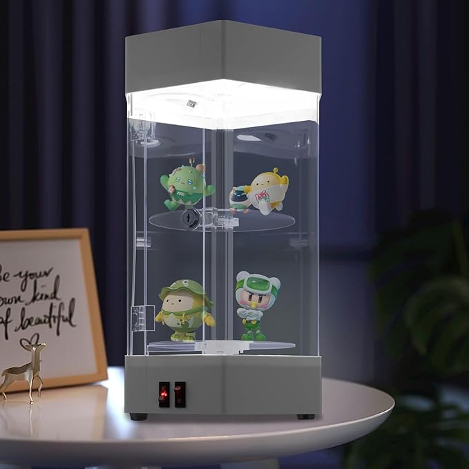 2-Tier Electric Rotating Jewelry Display Case with LED Lights - Acrylic Hexagonal Showcase with Lockable Door - for Watches, Cosmetics & Collectibles