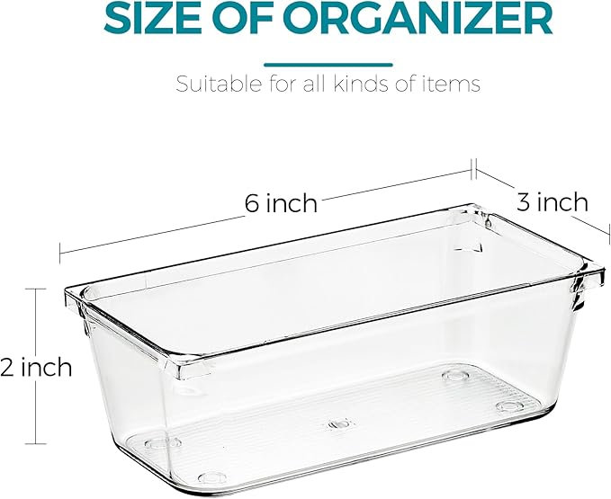 6 Pack Drawer Organizer - 3" X 6" Clear Acrylic Storage Bins with Non-Slip Pads, Versatile Desk Tray for Makeup, Jewelry, Kitchen, Bathroom, and Office Organization