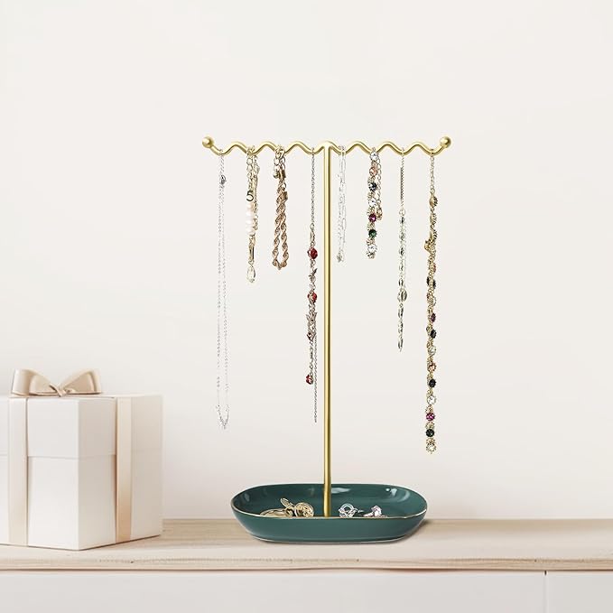 Elegant Jewelry Holder Stand: Metal Tree & Ceramic Tray Organizer for Necklaces, Rings, Earrings - Durable, Rustproof Display Holder Easy to Access Emerald Green
