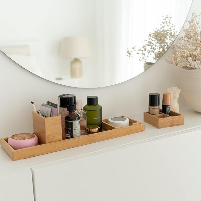 Bamboo Vanity Tray, 6-Piece Bathroom Countertop Vanity Tray Set, Makeup Kitchen Desk Organizer and Storage - Holds Small Items