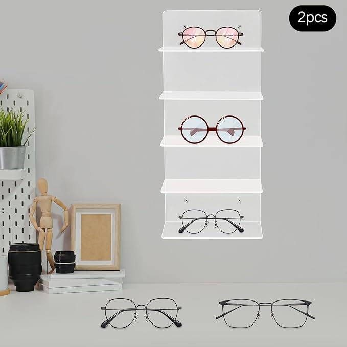JOMCYDM 2PCS Sunglasses Holder Rack, 5 Tier Eye Glasses Shelf, Clear Acrylic Eye Glasses Shelf for Boutiques, Optometry Stores, Retail Stores, Eyeglasses Stores