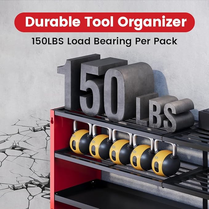 4 Layers Power Tool Organizer Wall Mount with Power Strip, Heavy Duty Metal Tool Shelf, 400lbs Capacity for Cordless Drills, Batteries & Garage Storage (8 Slots with 8 Outlets Power Strip)