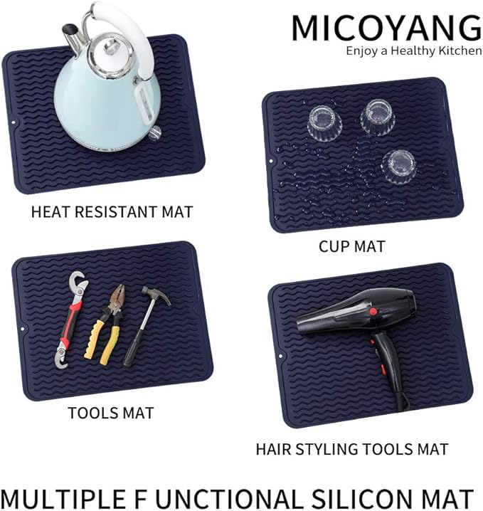 Silicone Dish Drying Mat for Multiple Usage,Easy clean,Eco-friendly,Heat-resistant Silicone Mat for Kitchen Counter or Sink,Refrigerator or drawer liner Navy Blue L 16 inches x 12 inches