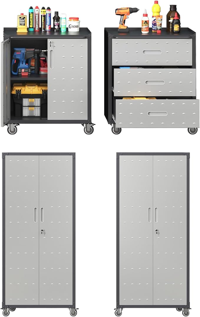 Metal Tool Cabinet,Garage Storage Cabinet System,Wall Cabinet & Locking Rolling Tool Cabinet with Doors and Adjustable Shelves,Steel Tool Cabinets for Home (4 Pcs-StyleA, Black & Grey)