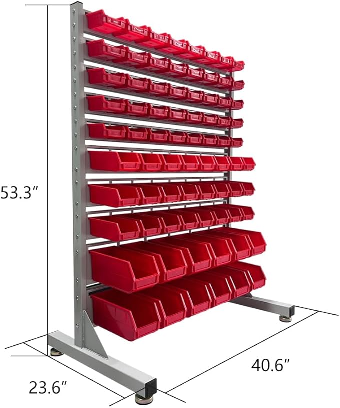 JZD Metal Bin Rack Storage Organizer System, Heavy Duty Steel Frame, 76 Plastic Bins, for Garage Workshop Factory
